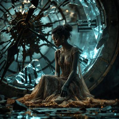The primary subject of the image is a woman sitting on the ground, wearing a dress. She is surrounded by a clock and a broken glass wall, which adds a sense of mystery and intrigue to the scene. The visual style of the image is a combination of digital art and illustration, creating a surreal and dreamlike atmosphere. The colors in the image are predominantly blue and gold, which contribute to the overall mood of the scene.